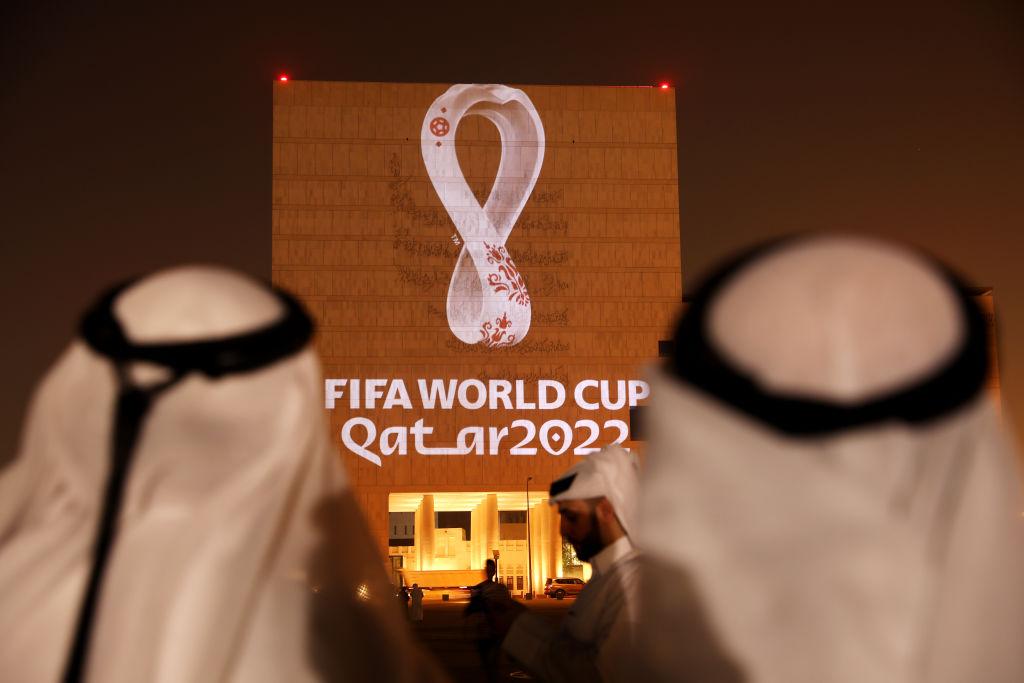 The official emblem of the FIFA World Cup Qatar 2022™ is unveiled in Doha's Souq Waqif on the Msheireb-Qatar National Archive Museum building, in Doha, Qatar, on Sept. 3, 2019. (Christopher Pike/Getty Images)