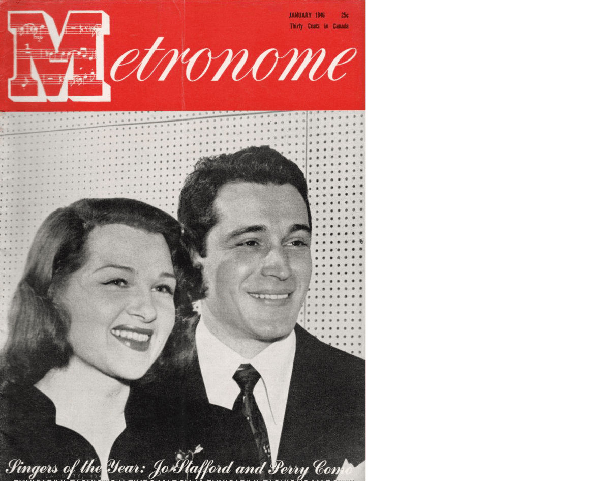 Cover of the January 1946 edition of Metronome magazine when Perry Como and Jo Stafford were voted best male and female singers of the year. (Public Domain)