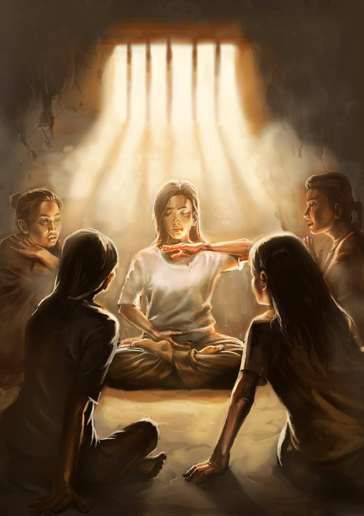 A painting shows criminal inmates looking in awe at a brutally beaten Falun Gong adherent as she meditates while incarcerated in a Chinese prison for refusing to give up her faith. (Courtesy of Minghui.org)