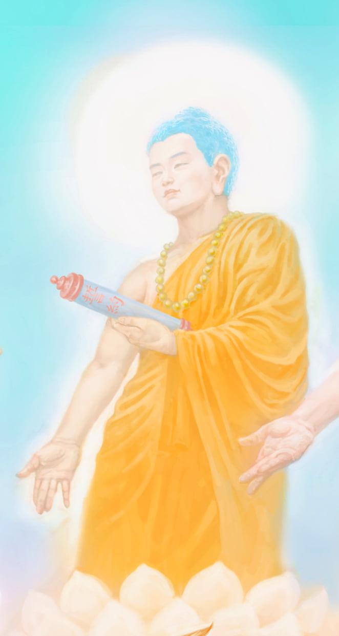 A Buddha holding a sacred scroll with the Chinese characters 誓約 (shìyuē), meaning "vows" written on it. According to Eastern culture, all beings must aspire to find their life purpose, which is closely tied to the fulfillment of their holy vows they made to the divine before birth. (Courtesy of Loc Minh Duong)