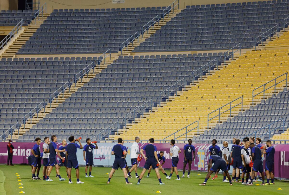 U.S. team members during training at the Al Gharafa SC Stadium in Al Rayyan, Qatar, on Nov. 27, 2022. (Suhaib Salem/Reuters)