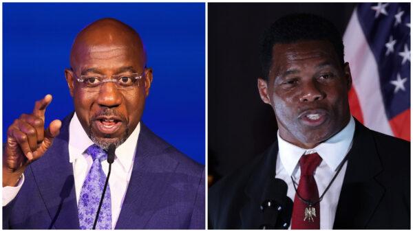 (Left) Sen. Raphael Warnock (D-Ga.) gives a speech at his election night party at Atlanta Marriott Marquis in Atlanta on Nov. 8, 2022. (Michael M. Santiago/Getty Images); (Right) Republican Senate candidate Herschel Walker speaks to supporters during an election night event in Atlanta on Nov. 8, 2022. (Alex Wong/Getty Images)
