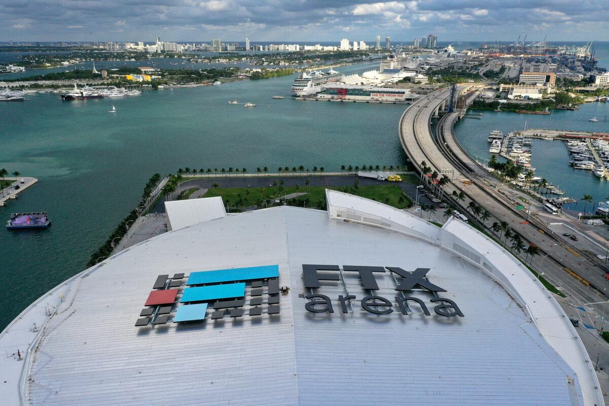 In an aerial view, the FTX Arena, which the Miami Heat call home on November 18, 2022 in Miami, Florida. Miami-Dade County and the Miami Heat are ending their arena naming rights deal with the company. (Joe Raedle/Getty Images)