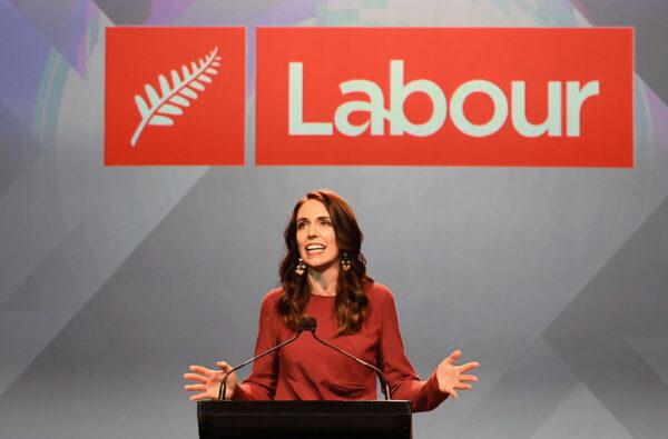 Labour Party leader and New Zealand Prime Minister Jacinda Ardern claims victory during the Labor Party Election Night Function at Auckland Town Hall in Auckland, New Zealand, on Oct. 17, 2020. (Hannah Peters/Getty Images)