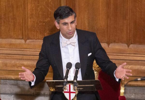 Prime Minister Rishi Sunak speaking at the annual Lord Mayor's Banquet at the Guildhall in central London on Nov. 28, 2022. (Belinda Jiao/PA Media)