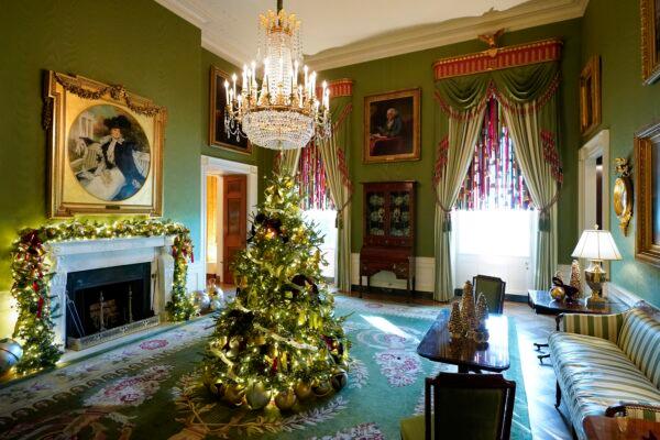 The Green Room of the White House is decorated for the holiday season during a press preview of holiday decorations at the White House on Nov. 28, 2022. (Patrick Semansky/AP Photo)