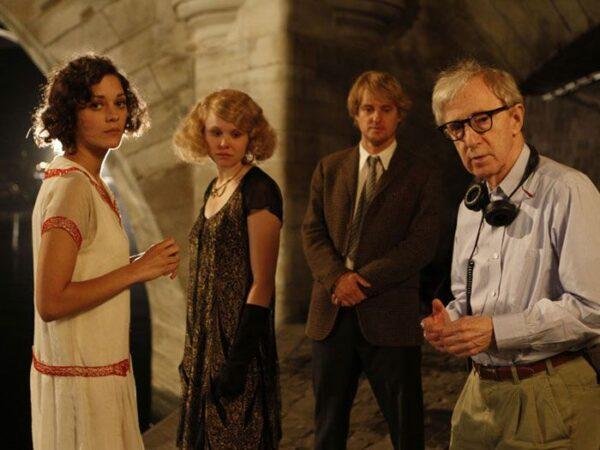 (L–R) Marion Cottilard, Alison Pill, Owen Wilson, and Woody Allen on the set of "Midnight in Paris." (Sony Pictures Classics)
