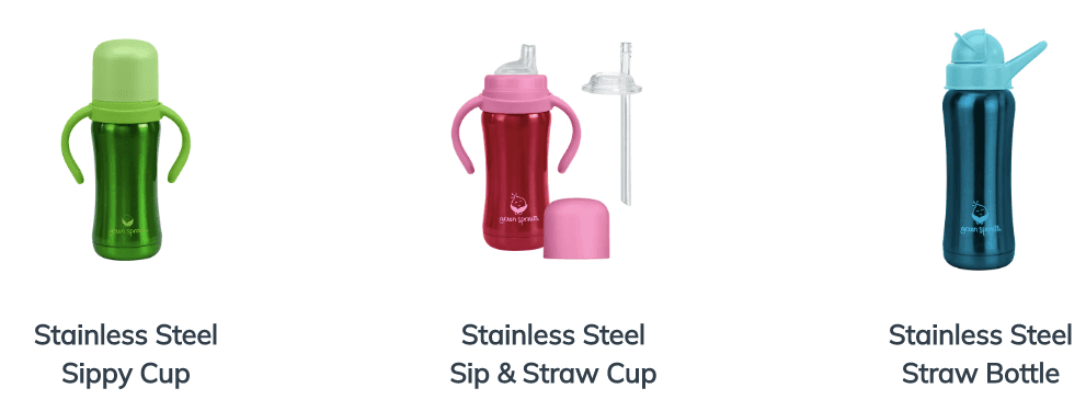 Green Sprouts stainless-steel sippy cups, sip & straw cups, and straw Bottles involved in the recall. (Green Sprouts Inc.)