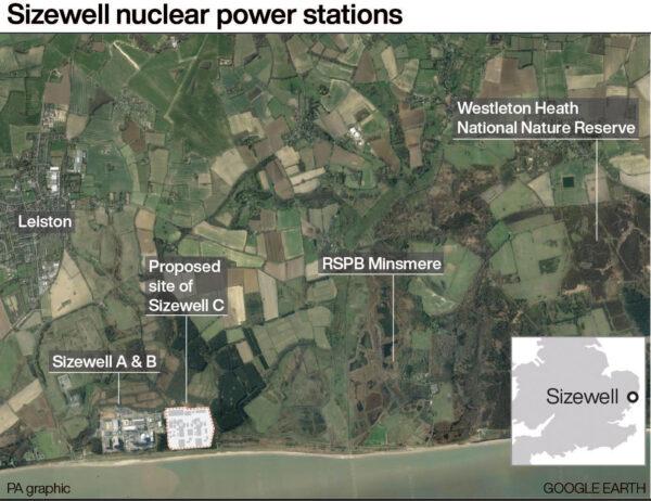 An undated map showing the proposed site of the Sizewell C nuclear power station in relation to the existing plants, in Suffolk, England. (PA)