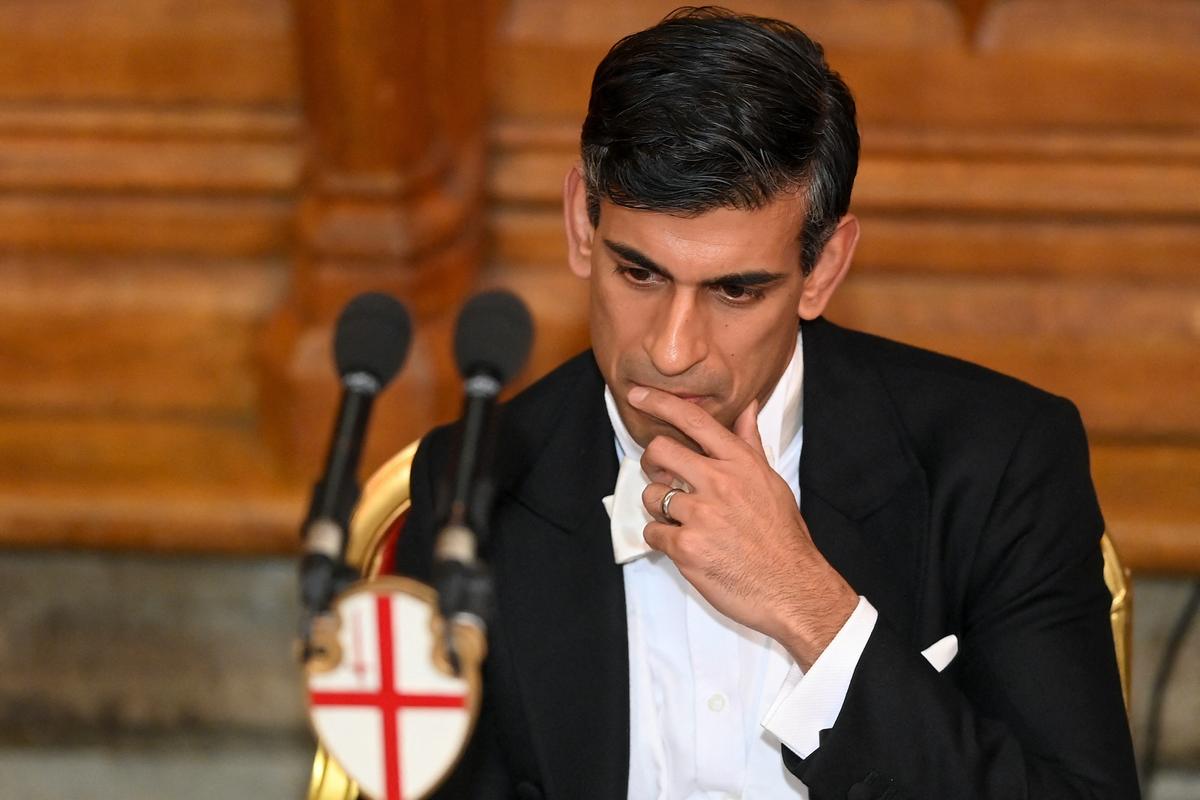  British Prime Minister Rishi Sunak looks on during the annual Lord Mayor's Banquet at Guildhall, in London, Britain, on Nov. 28, 2022. (Toby Melville/Reuters)