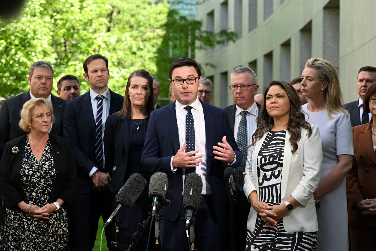 Nationals leader David Littleproud with Nationals members and senators at a press conference at Parliament House in Canberra, Australia, on Nov. 28, 2022. (AAP Image/Mick Tsikas)