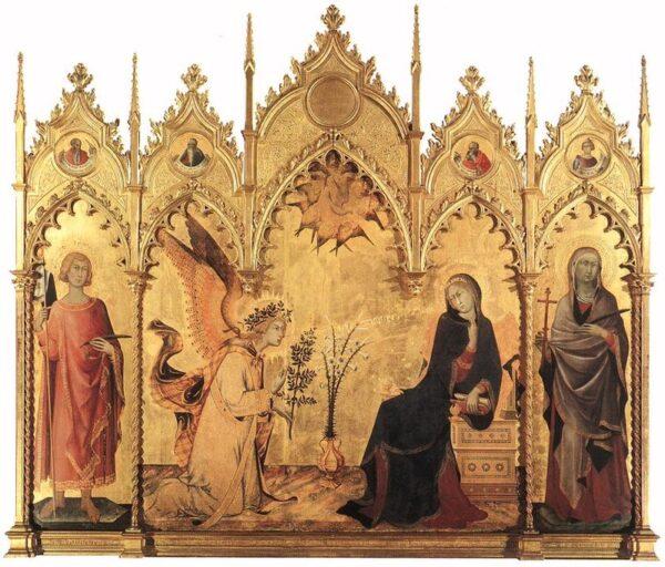 "Annunciation With Two Saints," 1333, by Simone Martini and Lippo Memmi. Tempera on wood; 8 feet, 8 inches by 10 feet. Uffizi Gallery in Florence, Italy. (Public Domain)