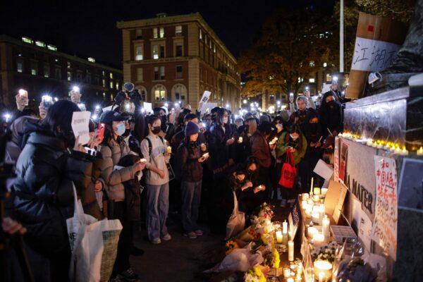 People gather at Columbia University during a protest in support of demonstrations held in China calling for an end to COVID-19 lockdowns in New York on Nov. 28, 2022. (Kena Betancur/AFP via Getty Images)