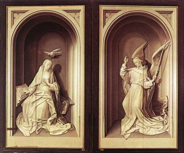Back panels of the Portinari Triptych, circa 1475, by Hugo van der Goes. Oil on wood; 19 feet by 10 feet. Uffizi Gallery. (Public Domain)