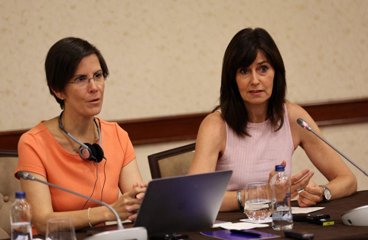 United Nations Special Rapporteur on violence against women, its causes and consequences, Reem Alsalem (L) and U.N. Human Rights Officer Orlagh McCann (R) address a press conference in Ankara, Turkey, on July 27, 2022. (Aden Altan/AFP via Getty Images)