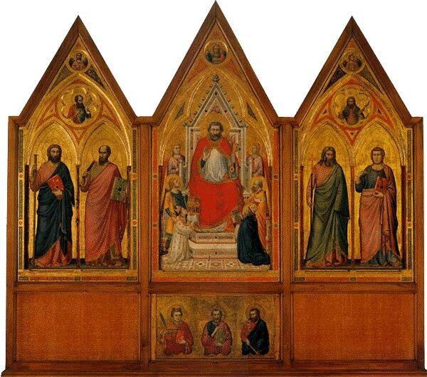 The Stefaneschi Triptych front side, circa 1330, by Giotto di Bondone. Tempera on wood, 70 inches by 39 inches (central panel); 66 inches by 32 and 1/2 inches (side panels). Pinacoteca Vaticana, Rome. (Public Domain)