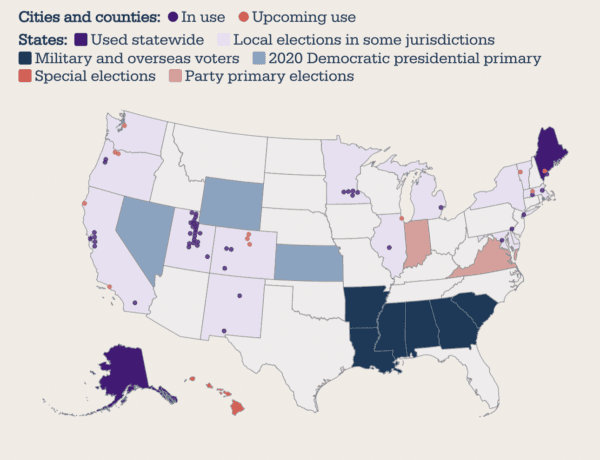 As of late November 2022, 62 U.S. jurisdictions have ranked-choice voting (RCV) in place, reaching approximately 13 million voters, including two states, two counties, and 58 cities. Military and overseas voters cast RCV ballots in federal runoff elections in six states. (Courtesy FairVote)