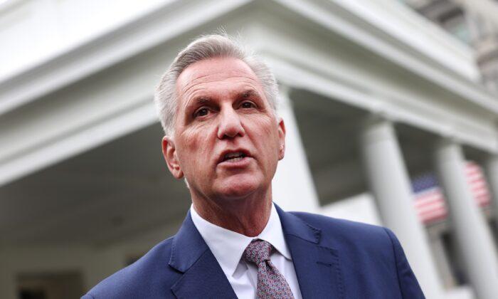 House Speaker Kevin McCarthy (R-Calif.) speaks to reporters outside the White House in Washington on Nov. 29, 2022. (Kevin Dietsch/Getty Images)