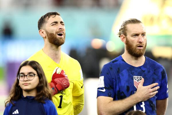 Matt Turner of United States sings their national anthem prior to the FIFA World Cup Qatar 2022 Group B match between IR Iran and USA at Al Thumama Stadium in Doha, Qatar, on Nov. 29, 2022. (Tim Nwachukwu/Getty Images)