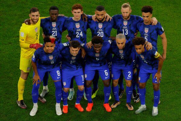 (Back L) USA's goalkeeper (1) Matt Turner, USA's forward (21) Timothy Weah, USA's forward (24) Josh Sargent, USA's defender (13) Tim Ream, USA's defender (5) Antonee Robinson, (front L) USA's midfielder (8) Weston McKennie, USA's forward (10) Christian Pulisic, USA's midfielder (6) Yunus Musah, USA's defender (2) Sergino Dest, USA's midfielder (4) Tyler Adams pose for a group picture during the Qatar 2022 World Cup Group B football match between Iran and USA at the Al-Thumama Stadium in Doha, Qatar, on Nov. 29, 2022. (Odd Andersen/AFP via Getty Images)