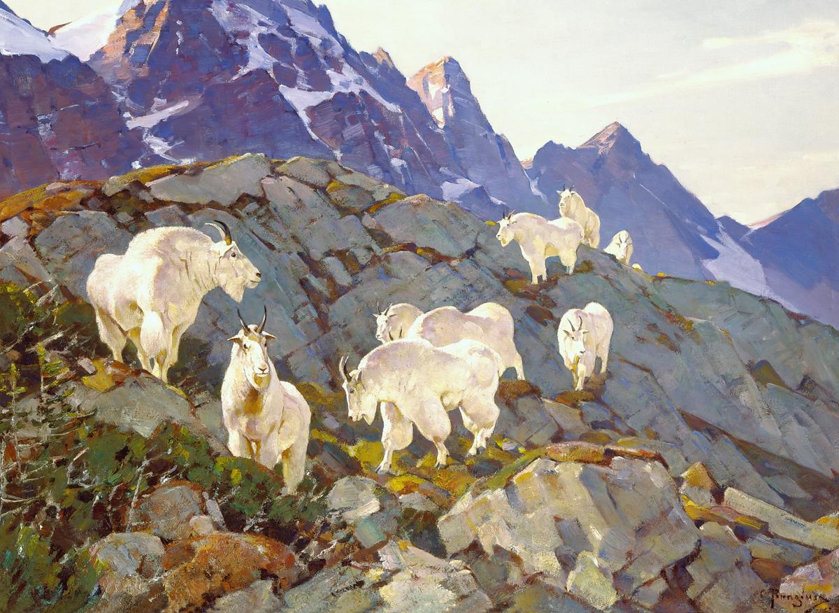 Carl Rungius (Germany, 1869–1959), “Under Pyramid Peak,” circa 1935. Oil on canvas. 30 inches by 40 inches. JKM Collection, National Museum of Wildlife Art. (Copyright estate of Carl Rungius)