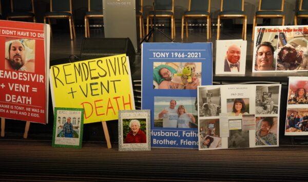 Family members upset about hospital treatment for COVID-19 displayed these posters at a press conference on Oct. 13, 2022 in Kissimmee, Fla. (Nanette Holt/The Epoch Times)