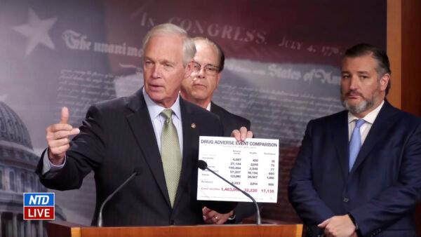 Sen. Ron Johnson (R-Wis.) (L) speaks at a press conference demanding a Senate vote on ending the military COVID-19 vaccine mandate, in Washington on Nov. 30, 2022, in a still from a livestream released by NTD. (NTD)