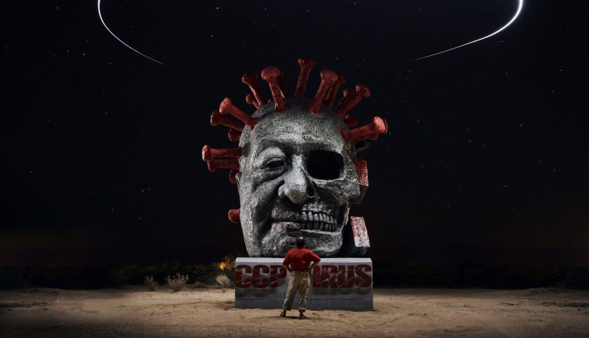 The 'CCP Virus' sculpture in the Liberty Sculpture Park, the Mojave Desert in San Bernardino County, Calif., which was burned down by an arson attack in July 2021. (Courtesy of Jonas Yuan)
