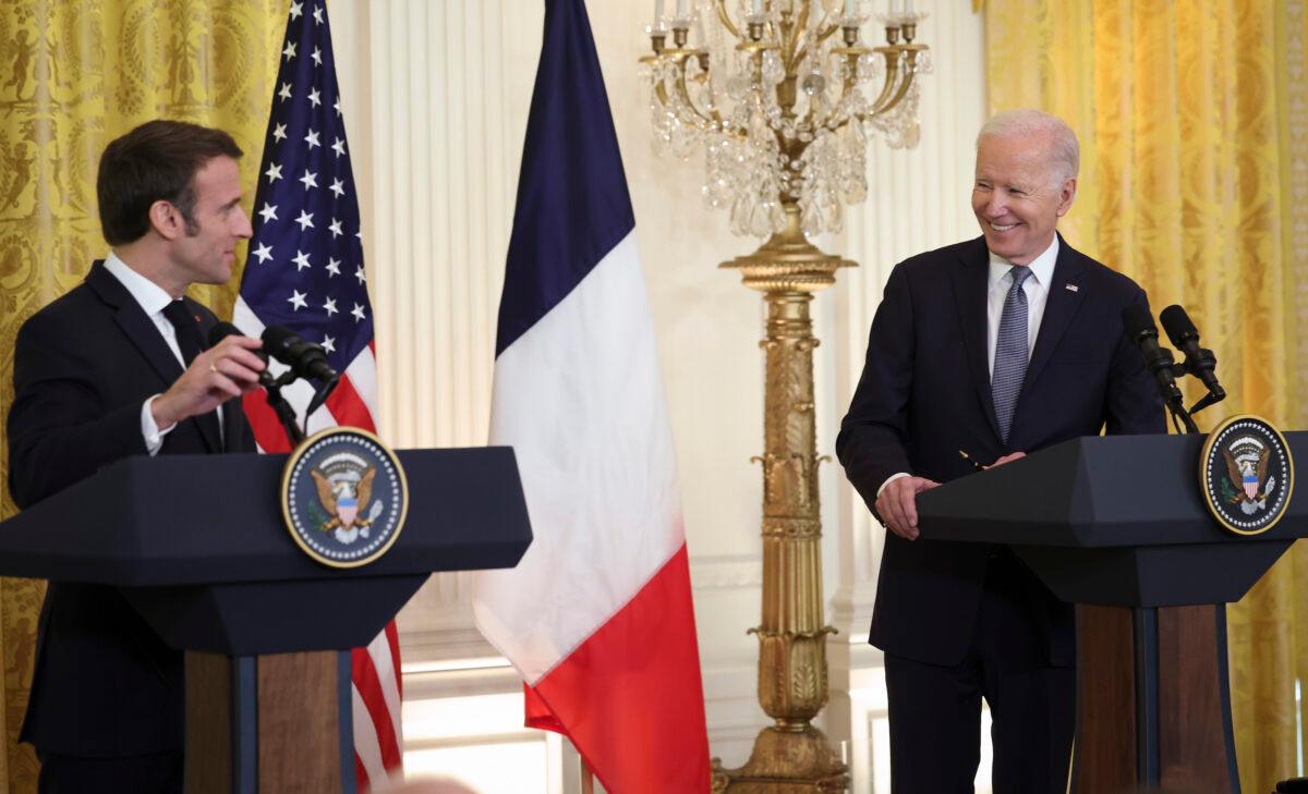 U.S. President Joe Biden and French President Emmanuel Macron hold a joint press conference at the White House during an official state visit in Washington, DC, on Dec. 01, 2022. (Kevin Dietsch/Getty Images)