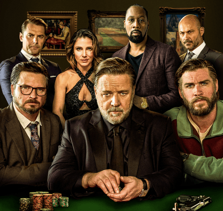 (L–R) Aden Young, Daniel MacPherson, Elsa Pataky, Russell Crowe, RZA, Liam Hemsworth, Steve Bastoni, in "Poker Face." <span class="RES9jf q8U8x" role="heading" aria-level="2">Arclight Films Pty Limited)</span>