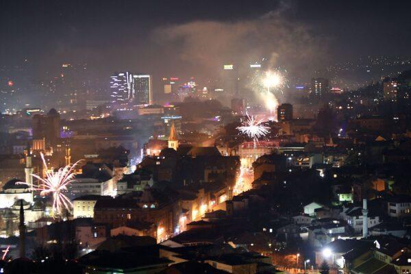 Fireworks explode in the sky during New Year celebrations in Sarajevo, Bosnia/Herzegovina, early on Jan. 1, 2023. (Elvis Barukcic/AFP via Getty Images)