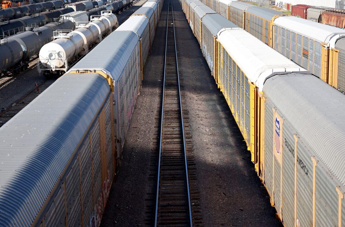 Freight rail cars in Wilmington, Calif., on Nov. 22, 2022. (Mario Tama/Getty Images)