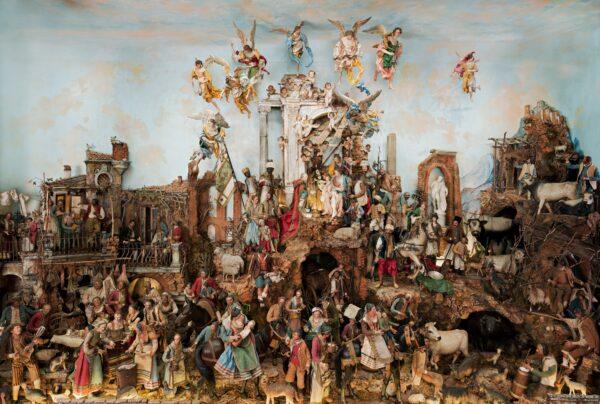 The Neapolitan crèche, 1725–1775, by various artists. Mixed media including wax, cork, cloth, metal, moss, straw, wood, gouache, watercolor, papier-mâché, and polychrome terracotta; <span style="color: #000000;">14 feet 1 1/4 inch by 15 feet 3 1/8 inches by 4 feet 7 1/8 inches. Purchased with funds provided by</span> Mr. and Mrs. James N. Bay and Linda and Vincent Buonanno and family; Eloise W. Martin Legacy Fund; Ruth Ann Gillis and Michael McGuinnis and Mrs. Robert O. Levitt; Charles H. and Mary F. Worcester Collection Fund. Art Institute of Chicago. (Public Domain)