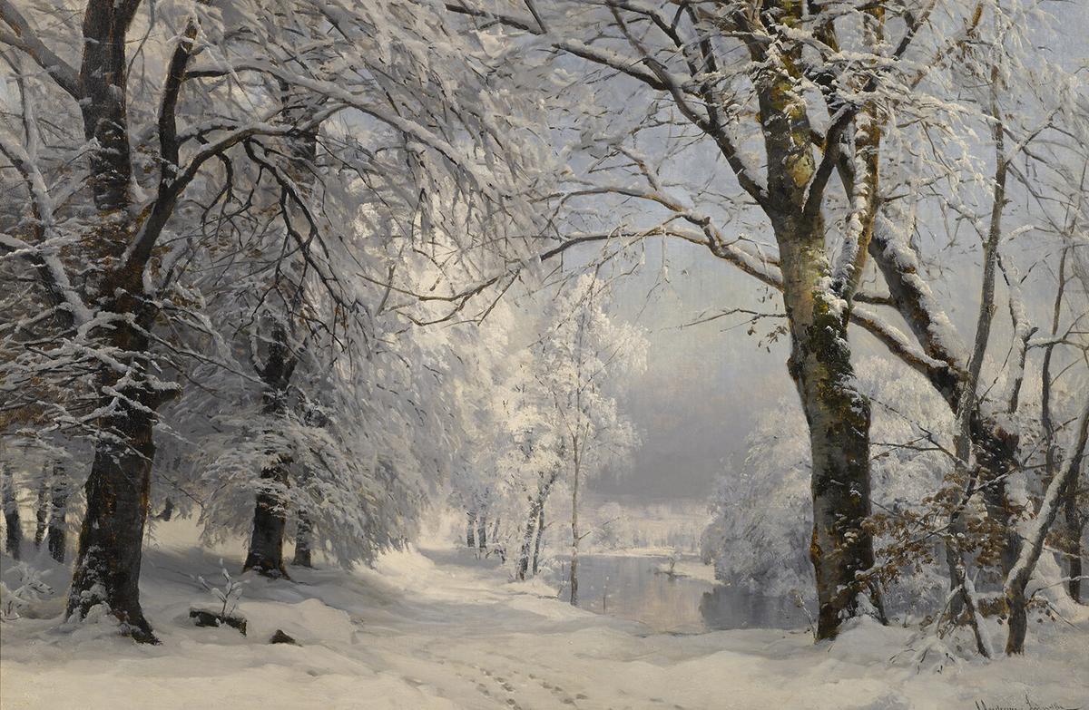 The snow blankets the scenery and transforms barren branches into gloved fingers of pure white snow. "Forest in Winter," 1882, by Anders Andersen-Lundby. Oil on canvas. (Public Domain)