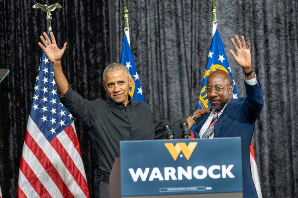 Former President Barack Obama (L) campaigns with Sen. Raphael Warnock (D-Ga.) at Pullman Yards in Atlanta, Ga., on Dec. 1, 2022. (Phil Mistry/PHIL FOTO)