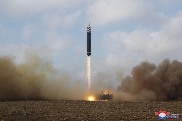 An intercontinental ballistic missile (ICBM) is launched in this undated photo released on Nov. 19, 2022, by North Korea's Korean Central News Agency (KCNA). (KCNA via Reuters)