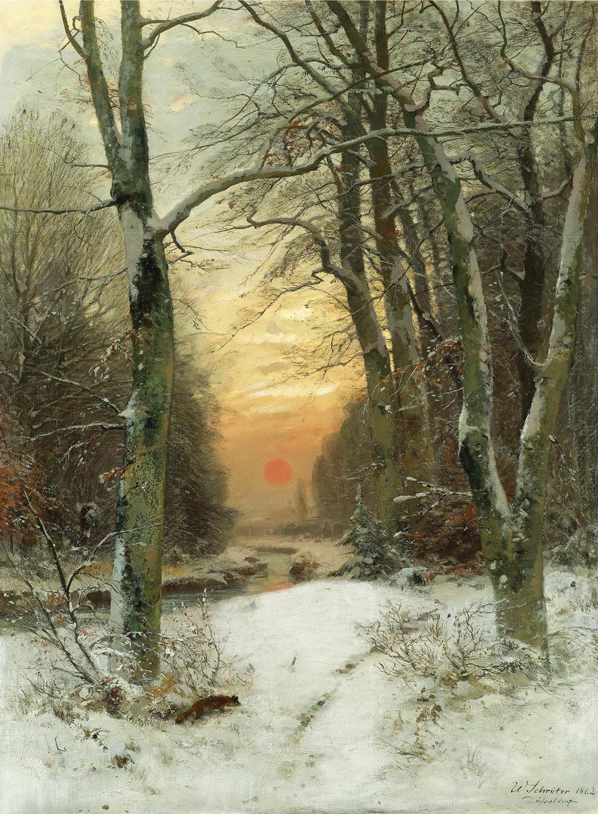 Some poets have remarked on the quietude and stillness of a new snowfall. "Winter Landscape," 1882, by Wilhelm Schröter. Oil on canvas. (Public Domain)
