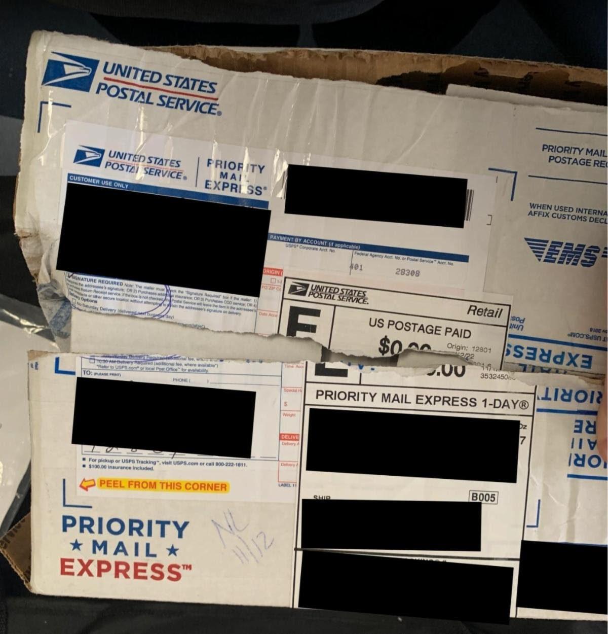 Photos of a package discovered in Memphis, Tennessee, containing hundreds of donation checks for Rep. Elise Stefanik (R-N.Y.).