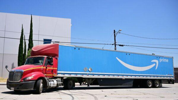 An Amazon Prime truck driver attempts a turn in Los Angeles, California, on Amazon Prime Day, July 12, 2022. (Frederic J. Brown/AFP via Getty Images)