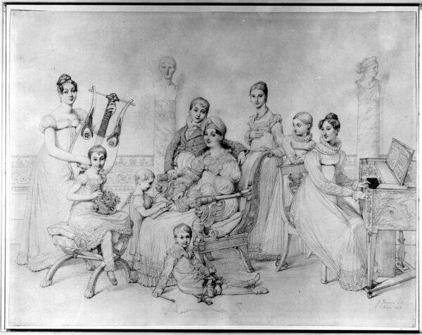 A family in harmony: portrait of the family of Lucien Bonaparte, 1815, by Jean-Auguste-Dominique Ingres. Graphite on white wove paper; 16 1/4 inches by 20 15/16 inches. Fogg Art Museum, Cambridge, Mass. (Public Domain)