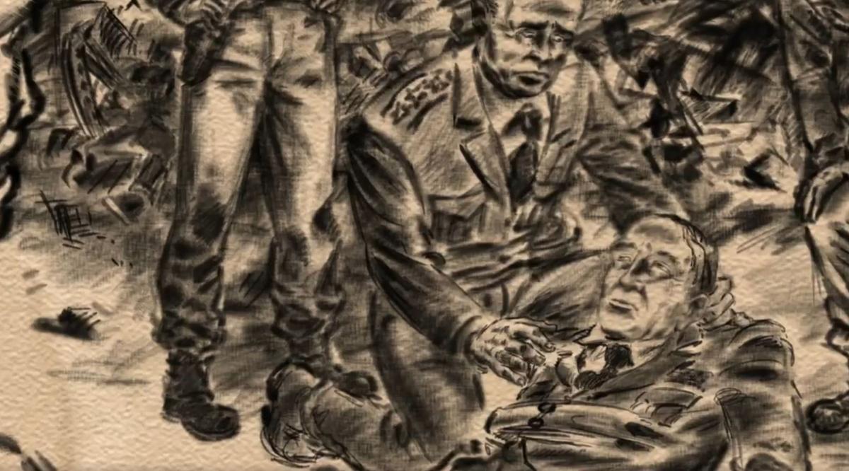 <br/>An artist’s rendering of the automobile crash that paralyzed Patton. “Silence Patton” (The Nexus Project)
