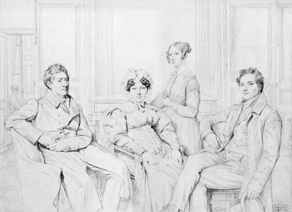 The Gatteaux family, 1850, by Jean-Auguste-Dominique Ingres. Reworked lithograph and pencil sketch. The final sketch was made from several sheets of paper, cut out and laid down for the final composition.  (Public Domain)