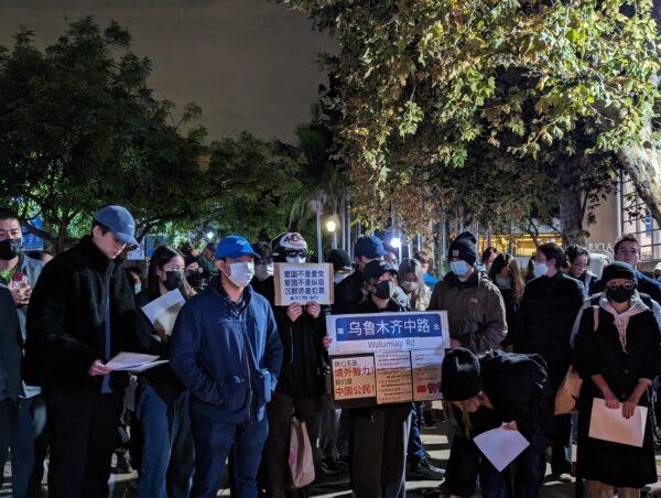 Chinese students at the University of California–Los Angeles gather in Los Angeles in support of demonstrations in China calling for an end to COVID-19 lockdowns on Dec. 1, 2022. (Emma Hsu/The Epoch Times)