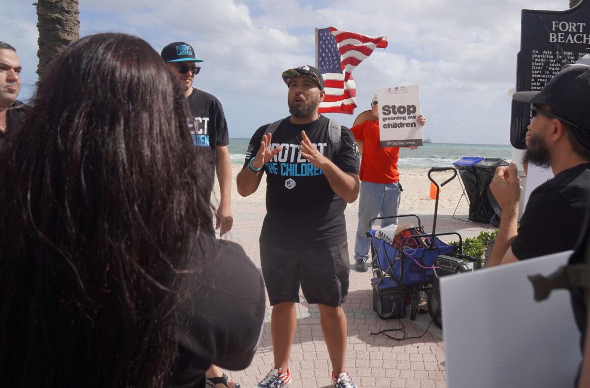 Anthony Raimondi, a board member of Gays Against Groomers, addresses the crowd at the Protect the Children rally on Fort Lauderdale Beach, Fla., on Dec. 3, 2022. (Jann Falkenstern/The Epoch Times)
