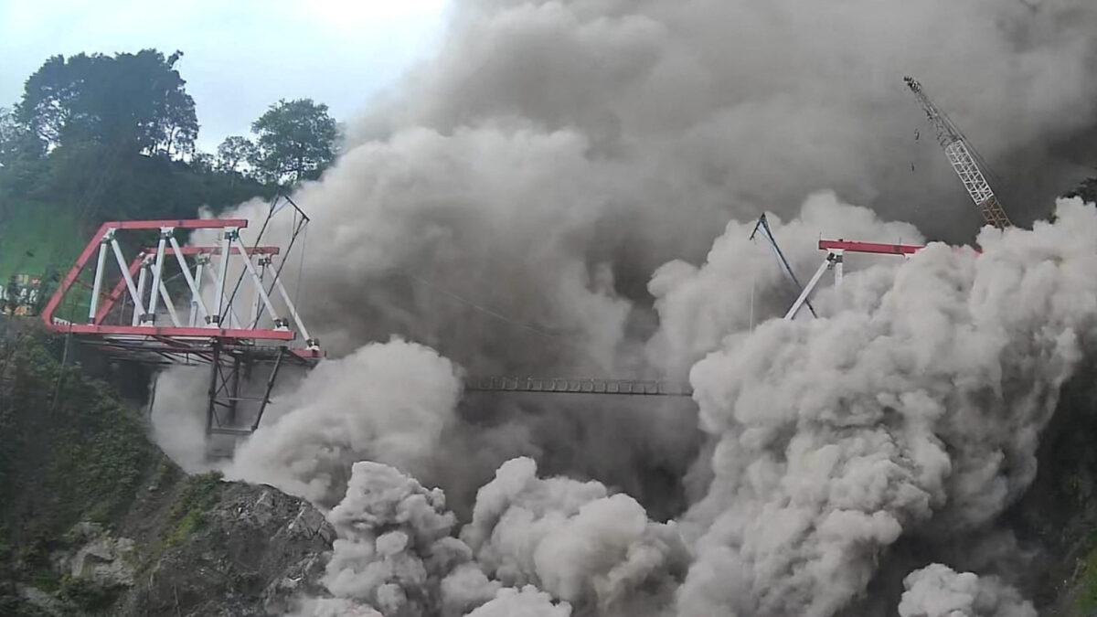 The Gladak Perak Bridge following the eruption of Mount Semeru volcano, in Lumajang, East Java, Indonesia, on Dec. 4, 2022. (Antara Foto/National Disasters Mitigation Agency/via Reuters)