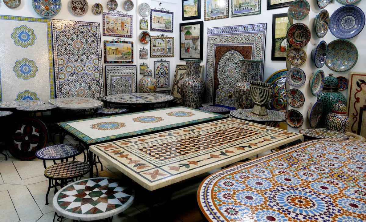 Pieces for sale at a pottery facility in Fes, Morocco, ranging from tables and pots to fountains and menorahs. (Courtesy of Phil Allen)