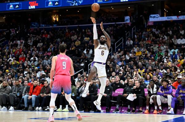 LeBron James (6) of the Los Angeles Lakers shoots the ball in the fourth quarter of the game against the Washington Wizards at Capital One Arena in Washington, DC, on Dec. 4, 2022. (Greg Fiume/Getty Images)