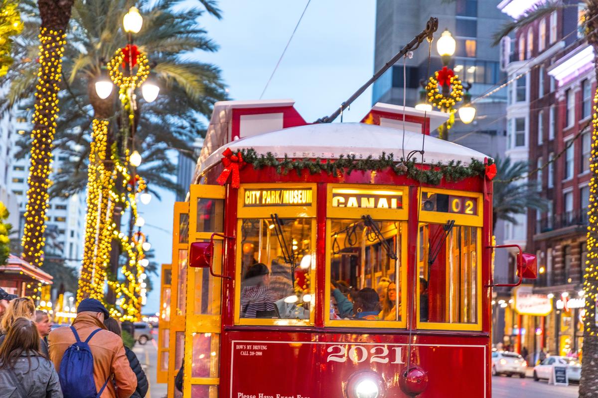 In New Orleans, even the trolleys are decked out for Christmas. (Zack Smith/New Orleans & Company/TNS)