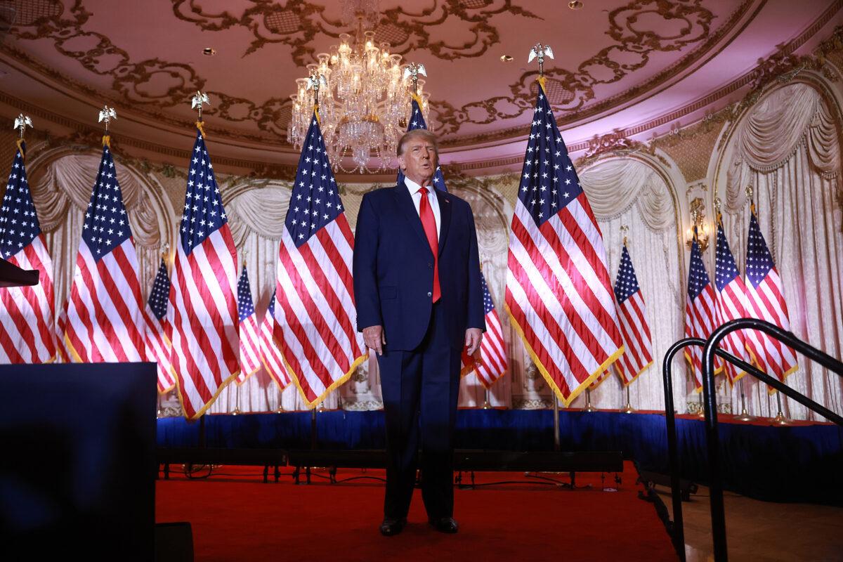 Former U.S. President Donald Trump arrives on stage to speak during an event at his Mar-a-Lago home in Palm Beach, Fla., on Nov. 15, 2022. (Joe Raedle/Getty Images)