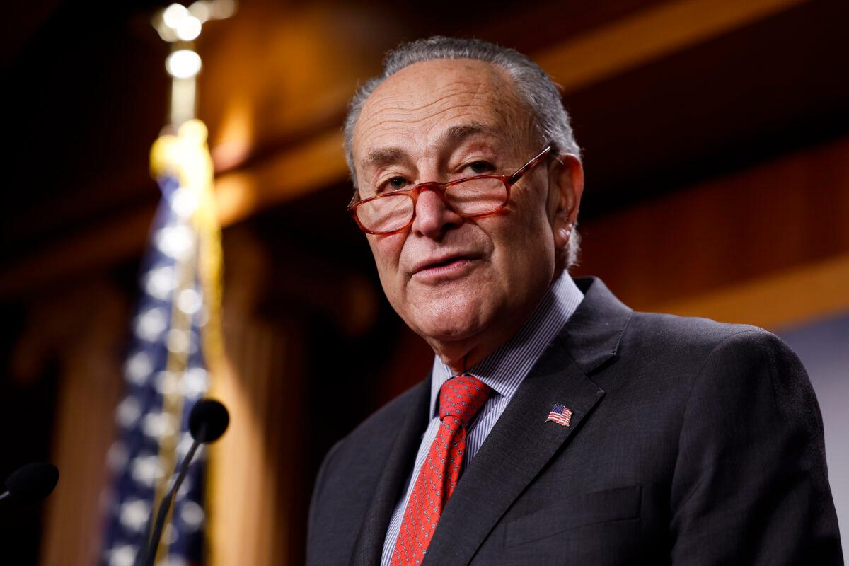Senate Majority Leader Chuck Schumer (D-N.Y.) speaks at a press conference on the Senate Democrats expanded majority for the next 118th Congress at the U.S. Capitol Building in Washington on Dec. 7, 2022. (Anna Moneymaker/Getty Images)